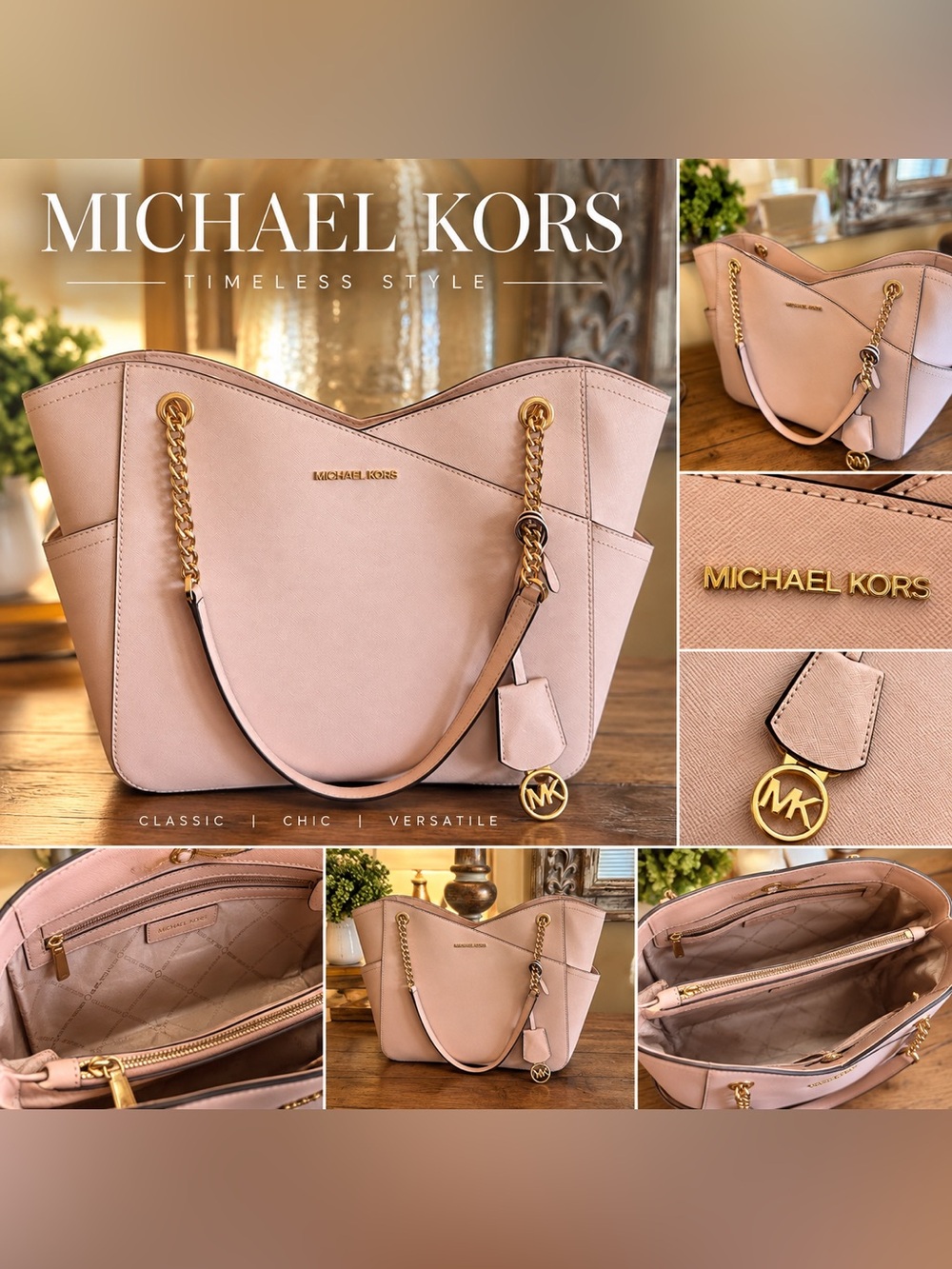 Michael Kors Blush Pink Saffiano Leather Large Tote Shoulder Bag Gold Chain